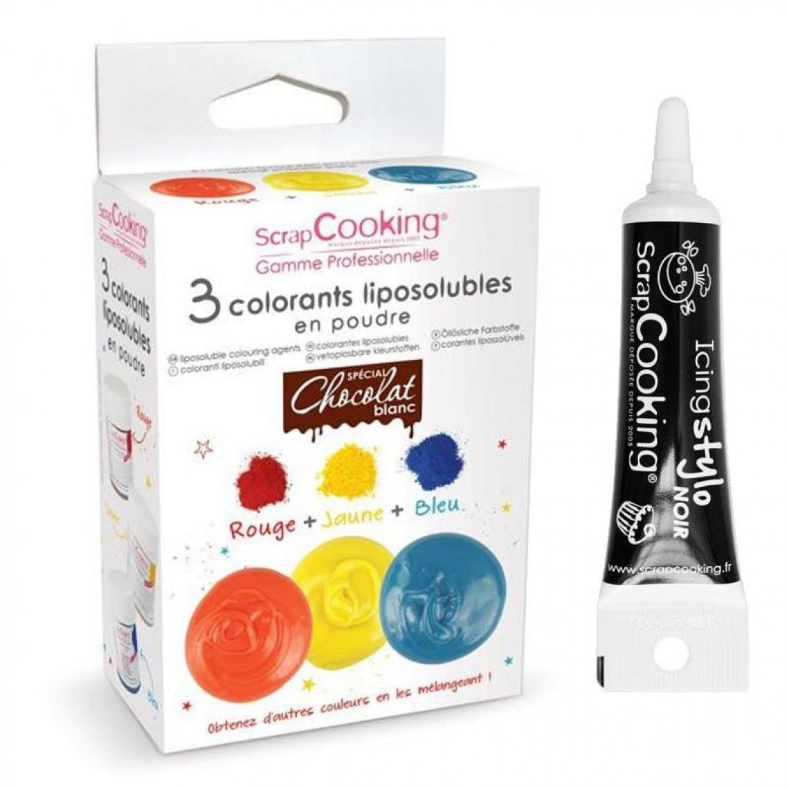 Scrapcooking - 3 colorants liposolubles en poudre + Stylo de glaçage noir - Kits créatifs