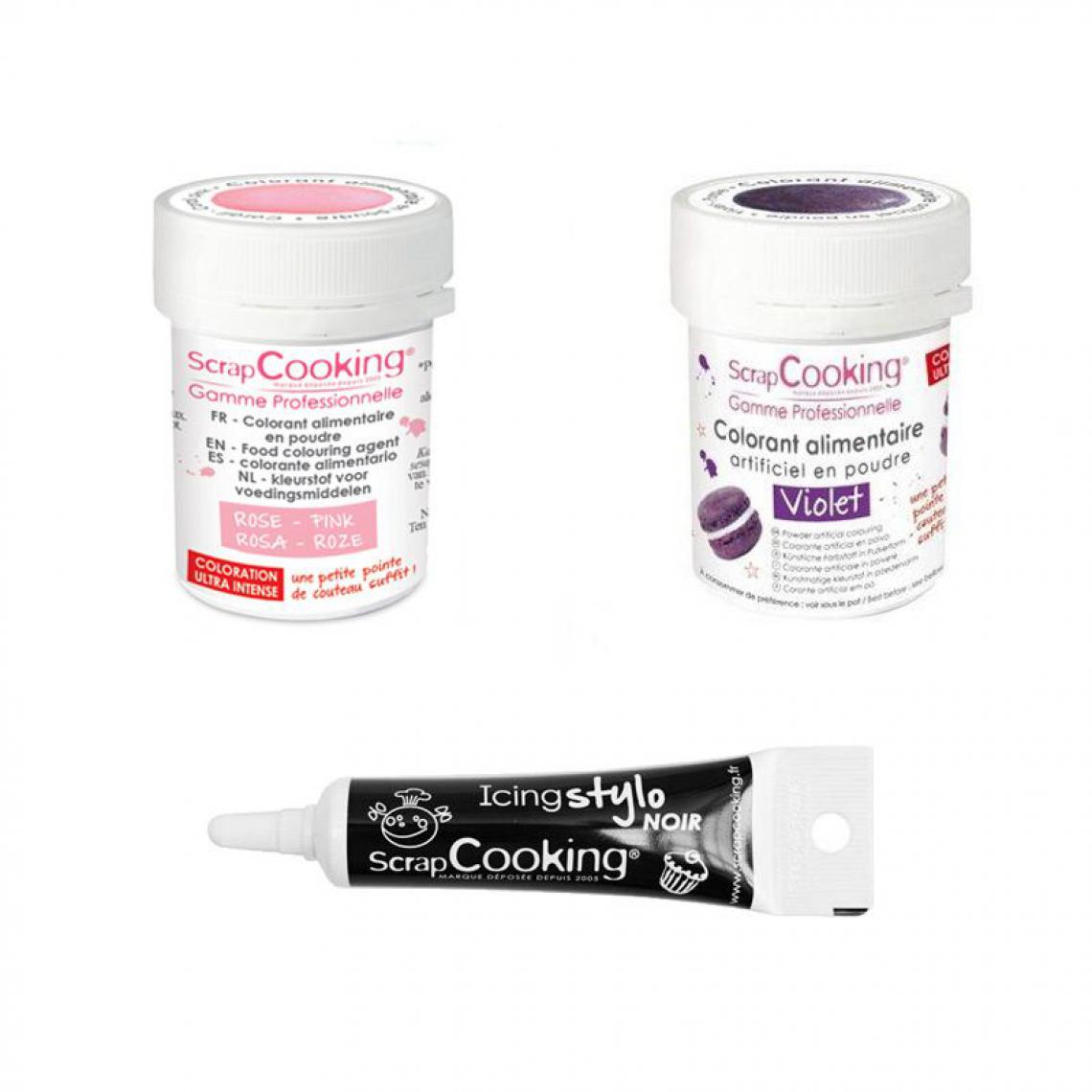 Scrapcooking - 2 colorants alimentaires violet-rose poudré + Stylo glaçage noir - Kits créatifs