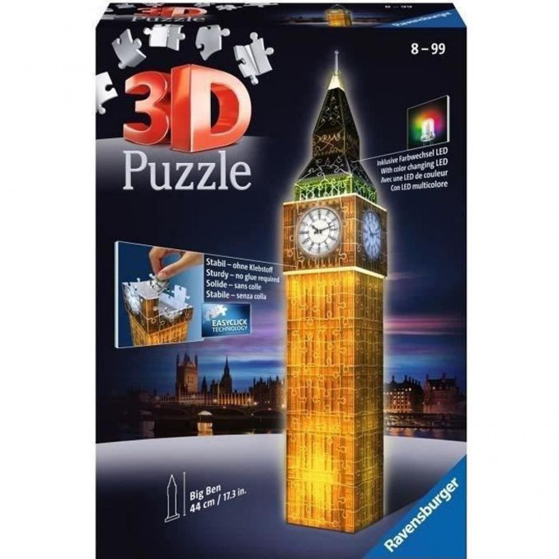 Ravensburger - Puzzle 3D Big Ben illuminé - Ravensburger - Monument 216 pieces - sans colle - avec LEDS couleur - Des 8 ans - Animaux