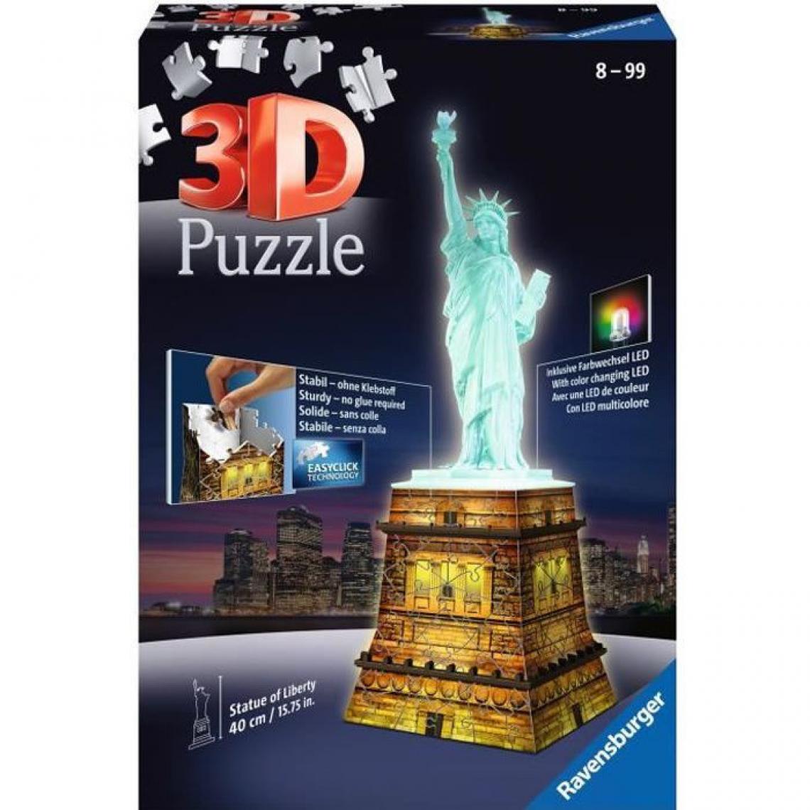Ravensburger - Puzzle 3D Statue de la Liberté illuminée - Ravensburger - Monument 108 pieces - sans colle - avec LEDS couleur - Des 8 ans - Animaux