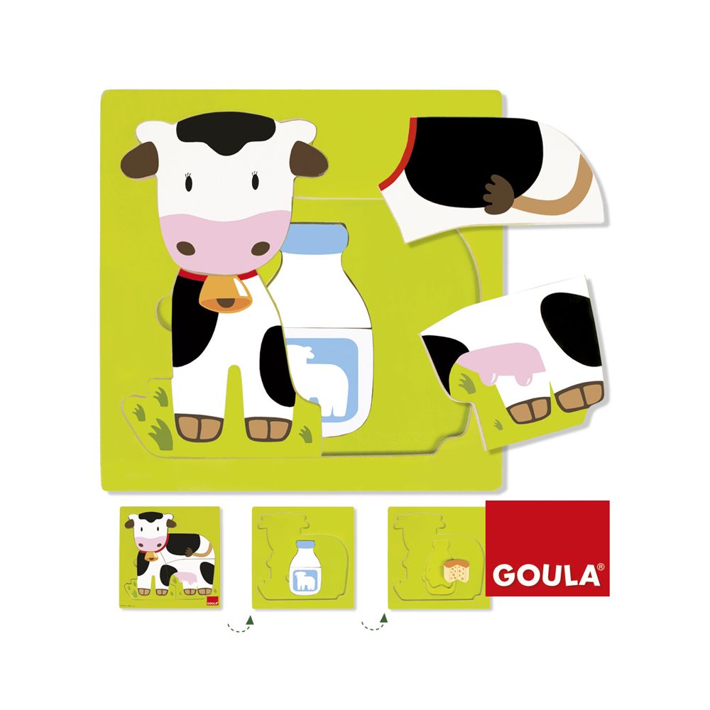 Goula - Encastrement 7 pièces en bois : Puzzle 3 niveaux vache - Animaux