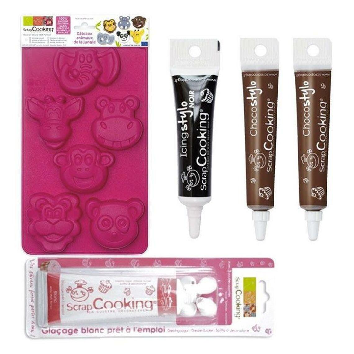 Scrapcooking - Coffret Gâteau Animaux de la jungle - Glaçage blanc, stylo noir + 2 stylos chocolat - Kits créatifs