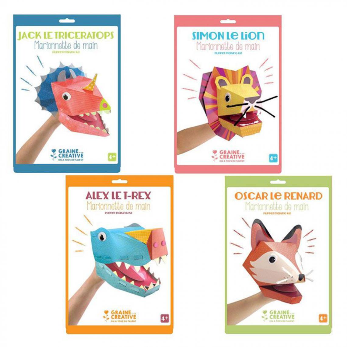 Graines Creatives - 4 marionnettes de main en carton - lion, renard, T-rex, Tricératops - Dessin et peinture