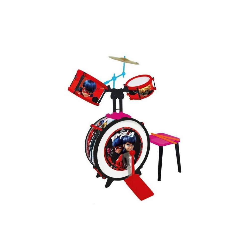 Reig - MIRACULOUS/LADYBUG Batterie et tabouret (Grosse caisse, deux tambours, bongo, cymbale, baguettes professionnelles) - Instruments de musique