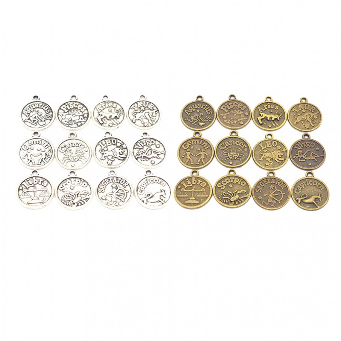 marque generique - 24pcs Pendentifs Charmes 12 Zodiaque en Alliage Connecteurs Conclusions pour Fabrication de Bijoux DIY Bricolage - Argent Bronze Mélangés - Perles