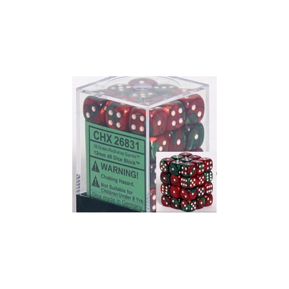 Chessex - Chessex Dice d6 Sets Gemini Green & Red with White - 12mm Six Sided Die (36) Block of Dice - Jeux d'adresse