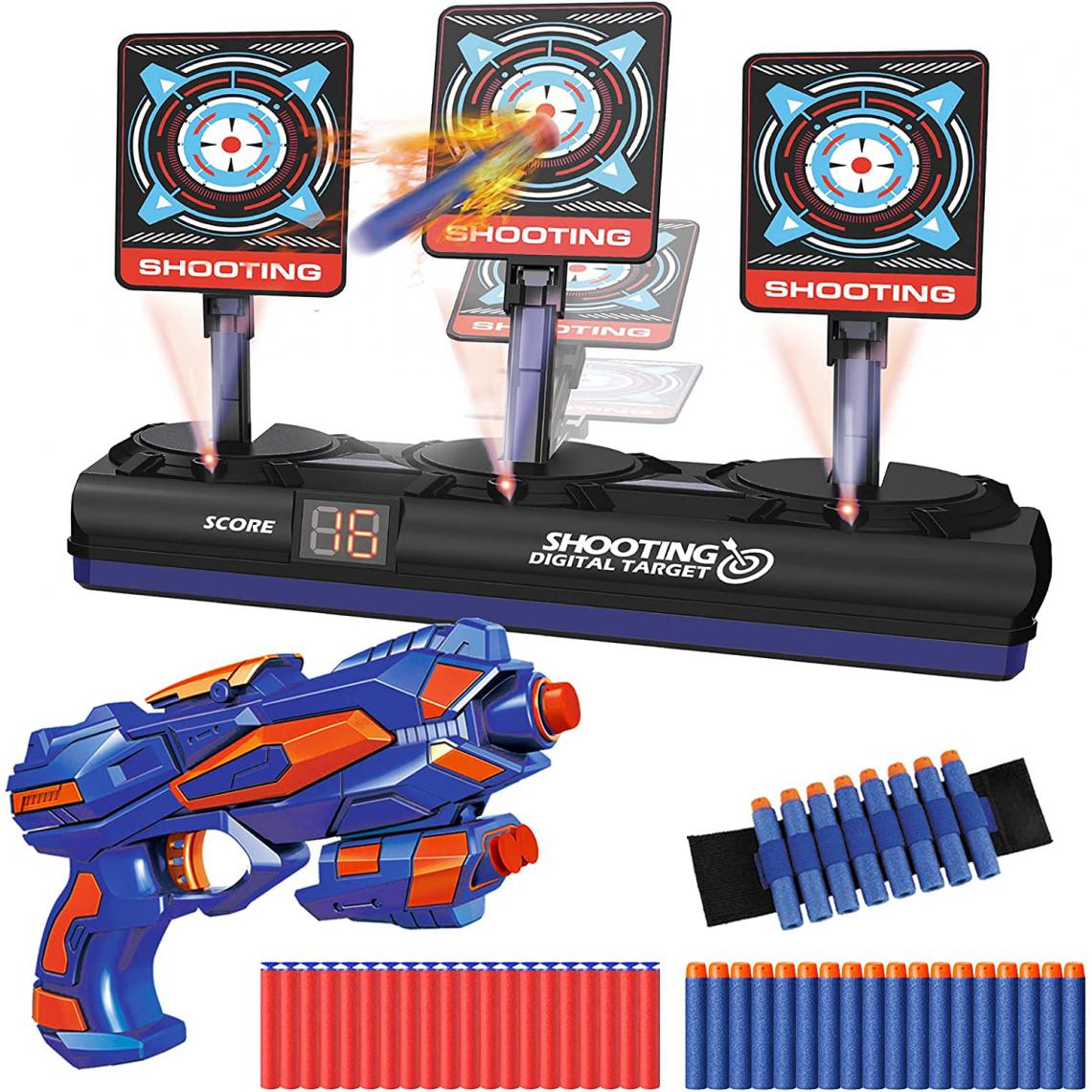 Nerf - pistolet avec 40 flèchettes en mousse et 3 cibles électronique bleu orange - Jeux d'adresse