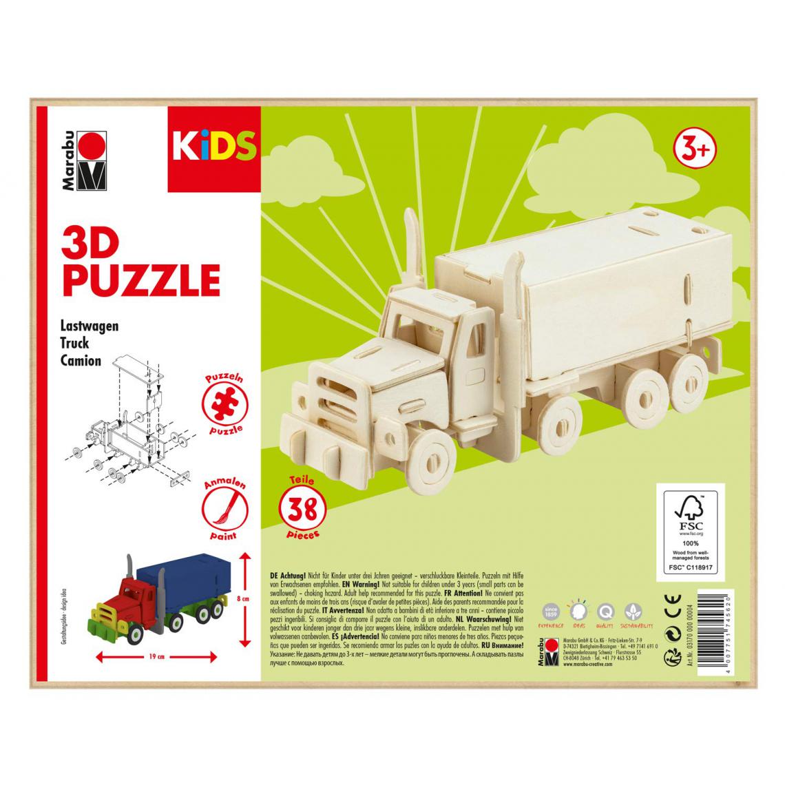 Marabu - Marabu 0317000000004 Kids 3D Puzzle en Bois pour Camion, 38 pièces, env. 19 x 8 cm, Marron - Animaux