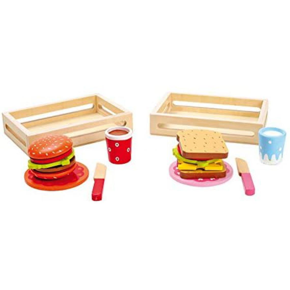 Small Foot - Hamburger Et Sandwich et deux petites assiettes en bois - Cuisine et ménage