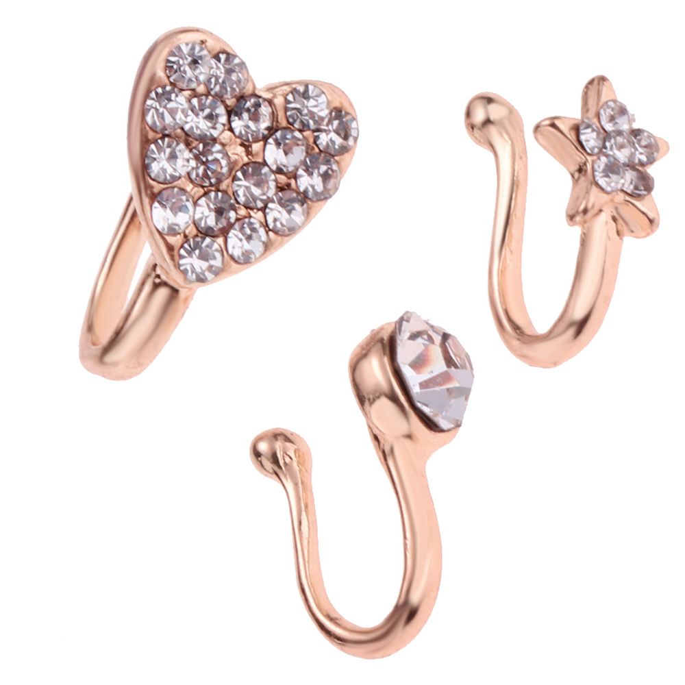 marque generique - 3 pcs charme femmes fleur coeur pentagramme cristal nez métallique anneau rose or - Perles