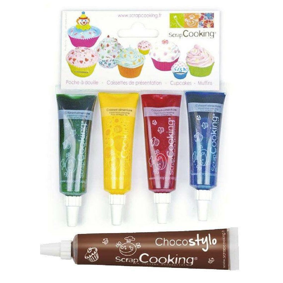 Scrapcooking - 4 colorants alimentaires liquides bleu, rouge, jaune, vert + 1 Stylo chocolat offert - Kits créatifs