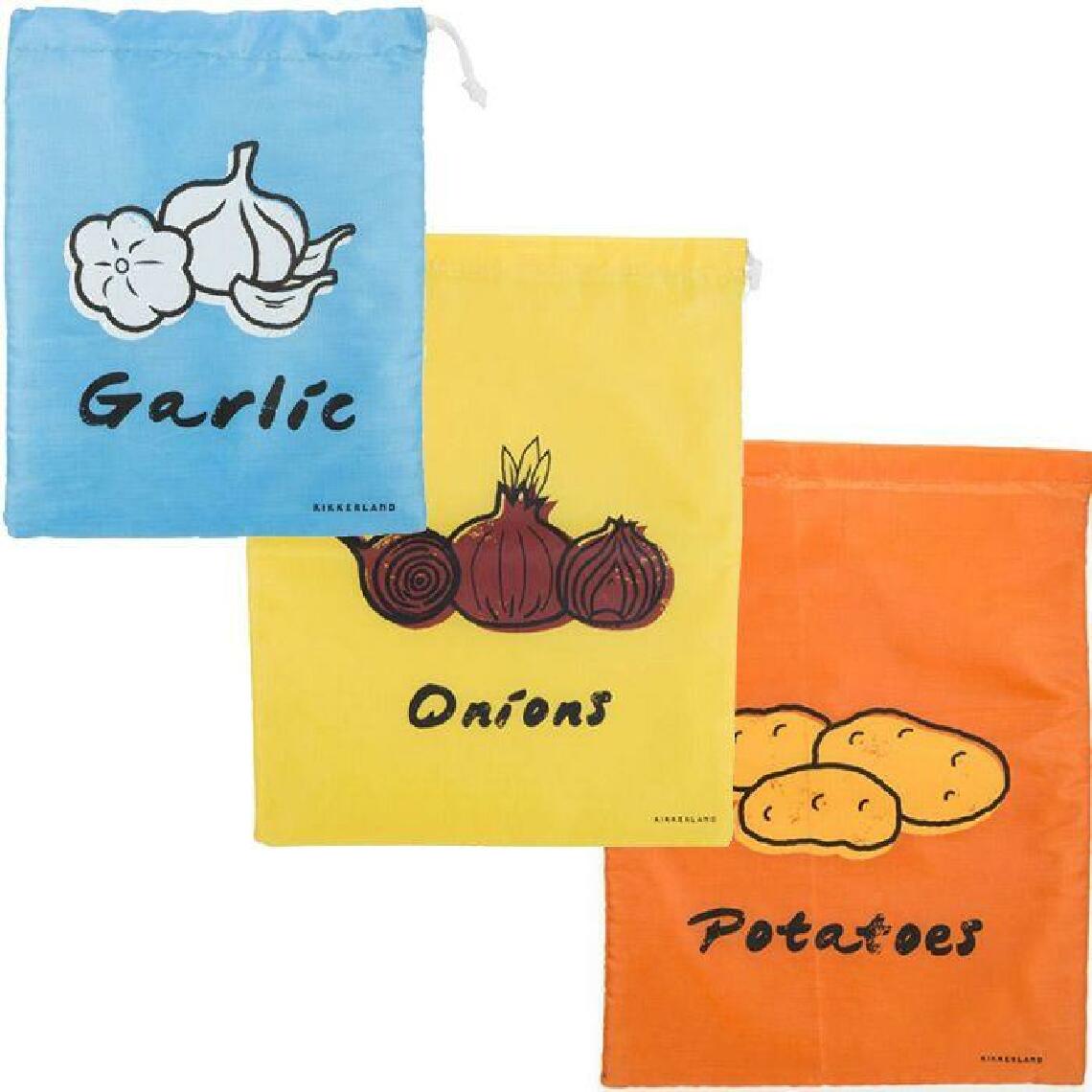 Kikkerland - 3 sacs de conservation alimentaires en tissu : ail, oignons, pommes de terre - Kits créatifs