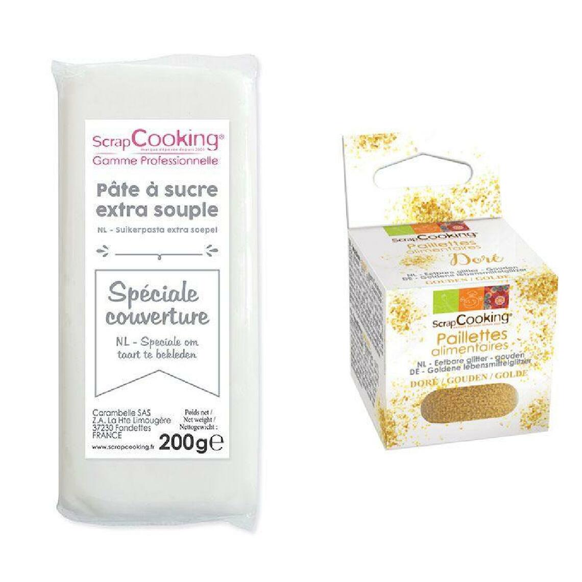 Scrapcooking - Pâte à sucre de couverture blanche 200 g + paillettes dorées - Kits créatifs