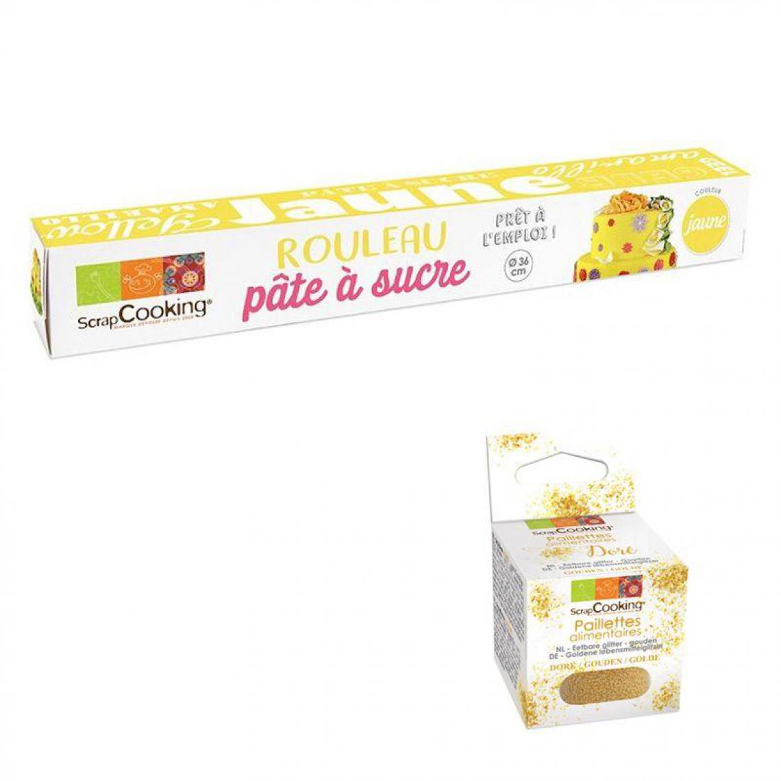 Scrapcooking - Pâte à sucre en rouleau Ø 36 cm jaune + paillettes dorées - Kits créatifs