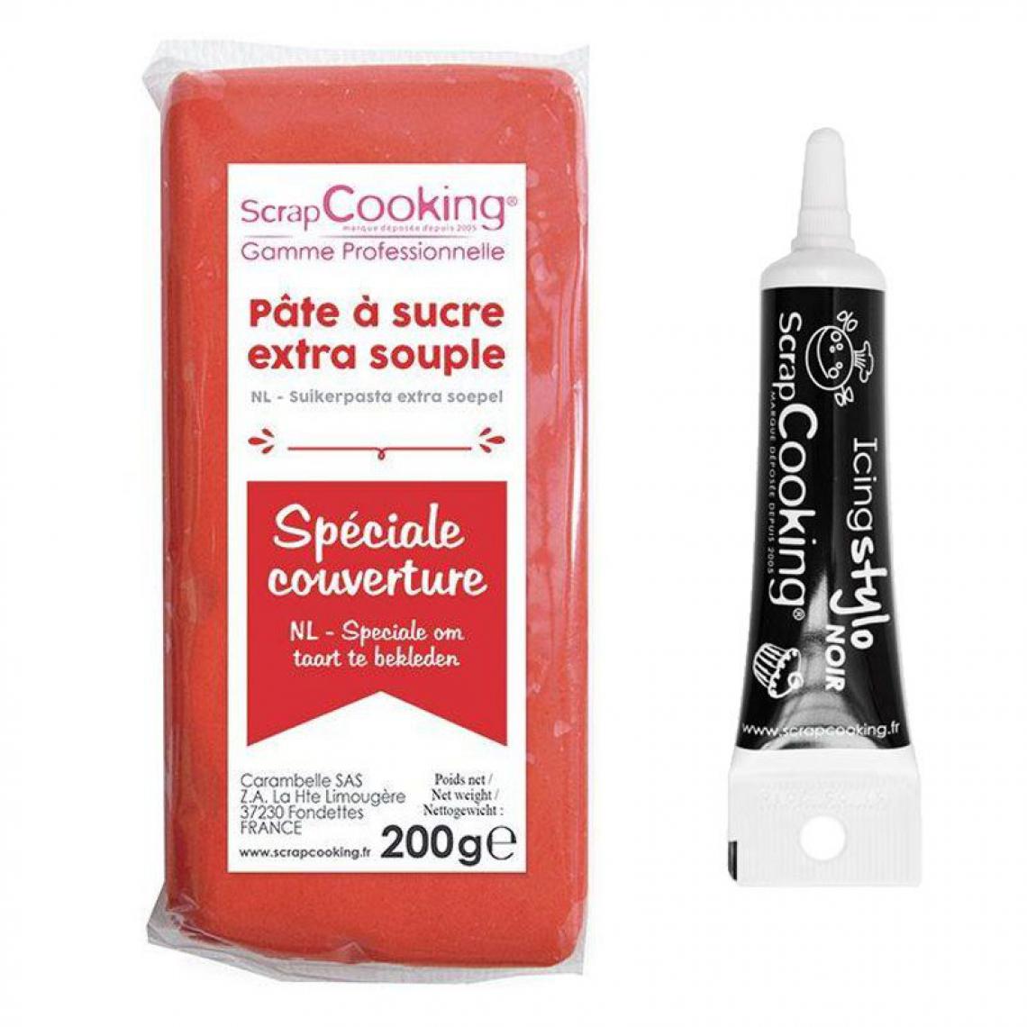 Scrapcooking - Pâte à sucre de couverture rouge 200 g + Stylo de glaçage noir - Kits créatifs
