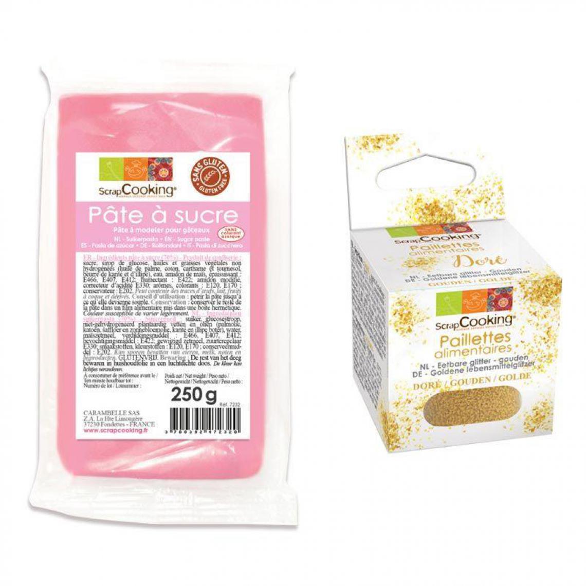 Scrapcooking - Pâte à sucre rose 250 g arôme vanille + paillettes dorées - Kits créatifs