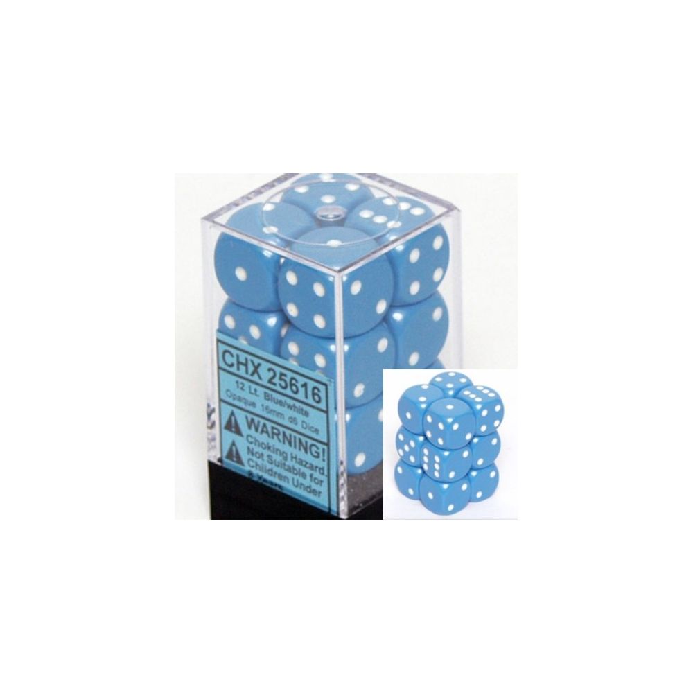 Chessex - Chessex Dice d6 Sets Opaque Light Blue with White - 16mm Six Sided Die (12) Block of Dice - Jeux d'adresse