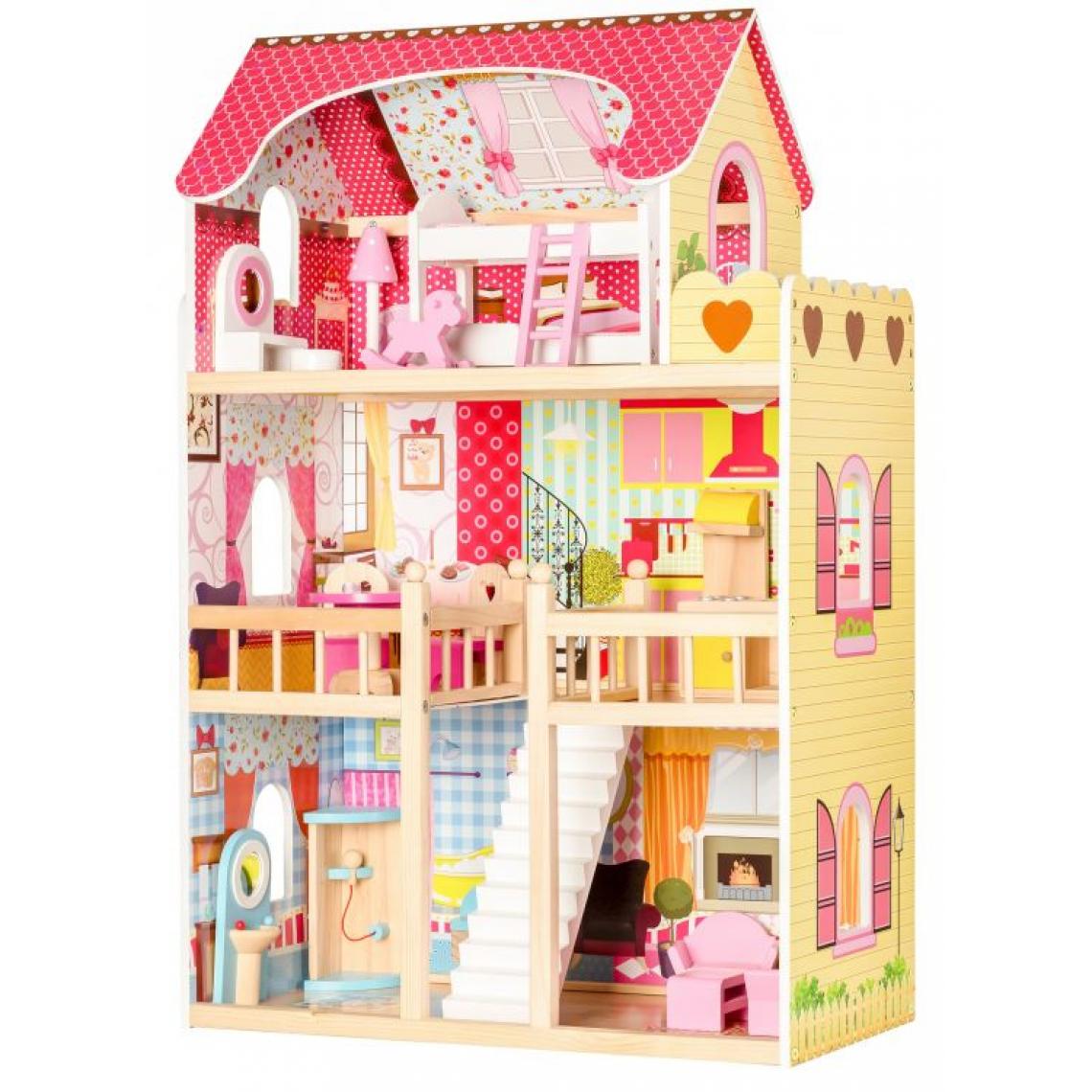 Hucoco - MSTORE - Maison de poupée en bois - 90x59x33 - Age +3ans - 17 éléments - Jouet enfant - Rose - Poupées