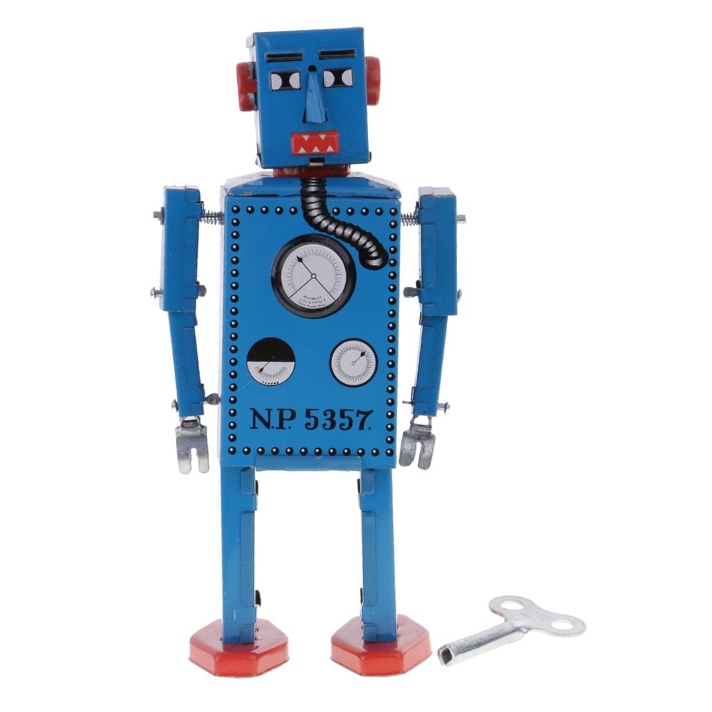 marque generique - Retro Wind Up Clockwork Mechanical Walking Tin Lilliput Robot Bleu 16cm - Films et séries