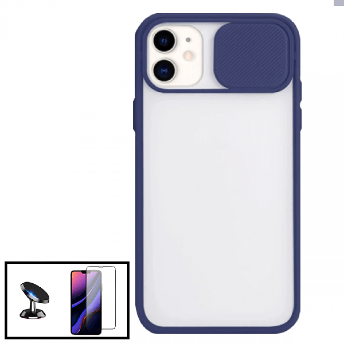 Phonecare - Kit Coque avec fenetre anti-choc mat + Film de Verre Trempé 5D à Couverture Complète + Support Magnétique de Voiture pour iPhone XR - Bleu foncé - Coque, étui smartphone