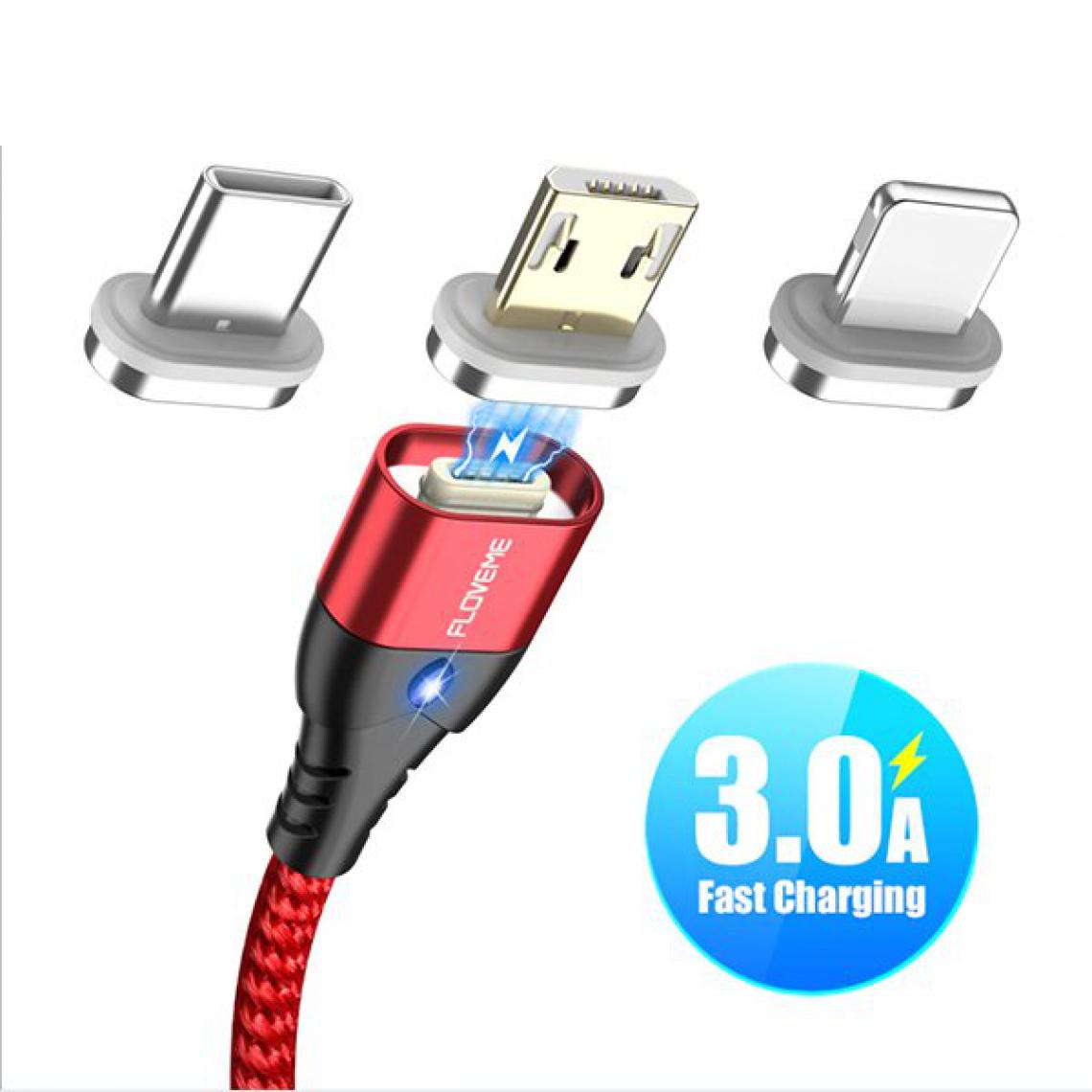 Phonecare - Cable Magnétique Charge rapide avec LED USB - 3x1 - Lightning Iphone / Micro-USB / USB-C - Rouge - Autres accessoires smartphone
