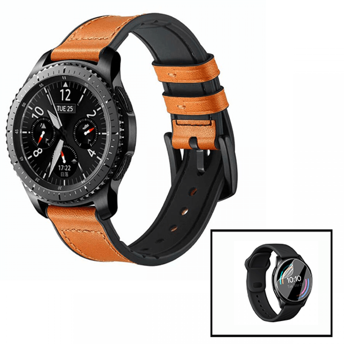 Phonecare - Bracelet Premium Classic en Cuir et Silicone + Film d'hydrogel pour Huawei Watch 3 Pro - Brown / Noir - Autres accessoires smartphone