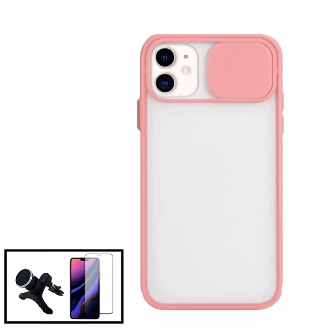 Phonecare - Kit Coque avec fenetre anti-choc mat + Film de Verre Trempé 5D à Couverture Complète + Support Magnétique de Voiture Renforcé pour iPhone SE 2020 - rose - Coque, étui smartphone