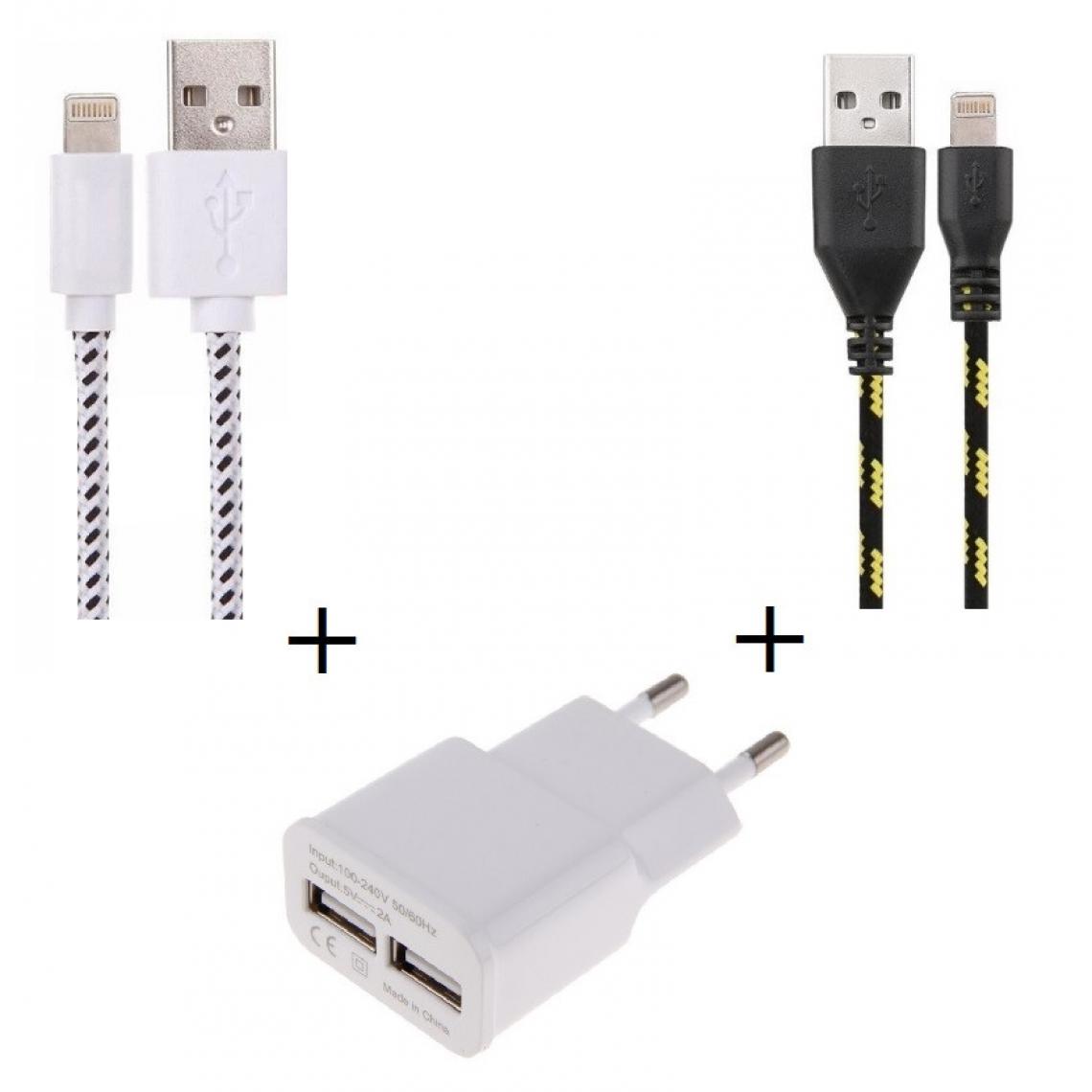 Shot - Pack Chargeur pour "IPHONE 12" Lightning (2 Cables Tresse 1m Chargeur + Prise Secteur Double USB) Murale - Chargeur secteur téléphone