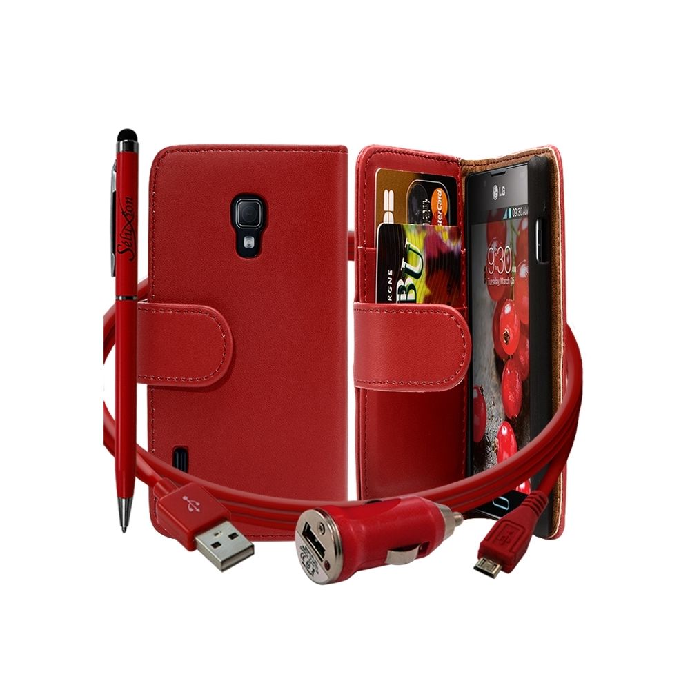 Karylax - Housse coque etui portefeuille rouge pour LG Optimus L7 II + chargeur auto + stylet - Autres accessoires smartphone