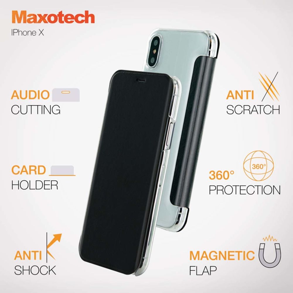 marque generique - Etui folio noir et transparent pour iPhone X Maxotech Anti-choc Protection premium étui à rabat portefeuille magnétique porte carte étui coque housse flap case - Autres accessoires smartphone