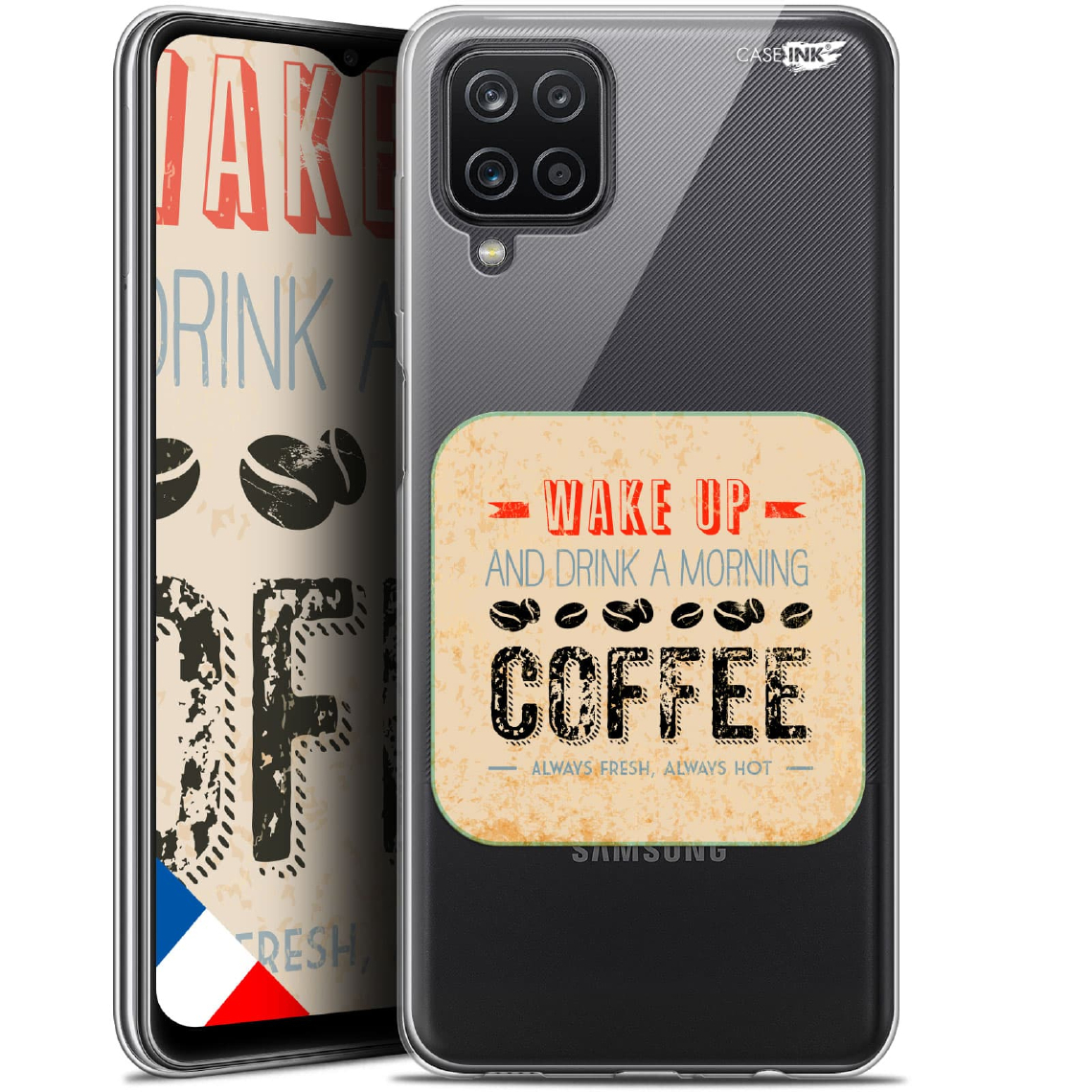 Caseink - Coque arrière Samsung Galaxy A12 (6.5 ) Gel HD [ Nouvelle Collection - Souple - Antichoc - Imprimé en France] Wake Up With Coffee - Coque, étui smartphone