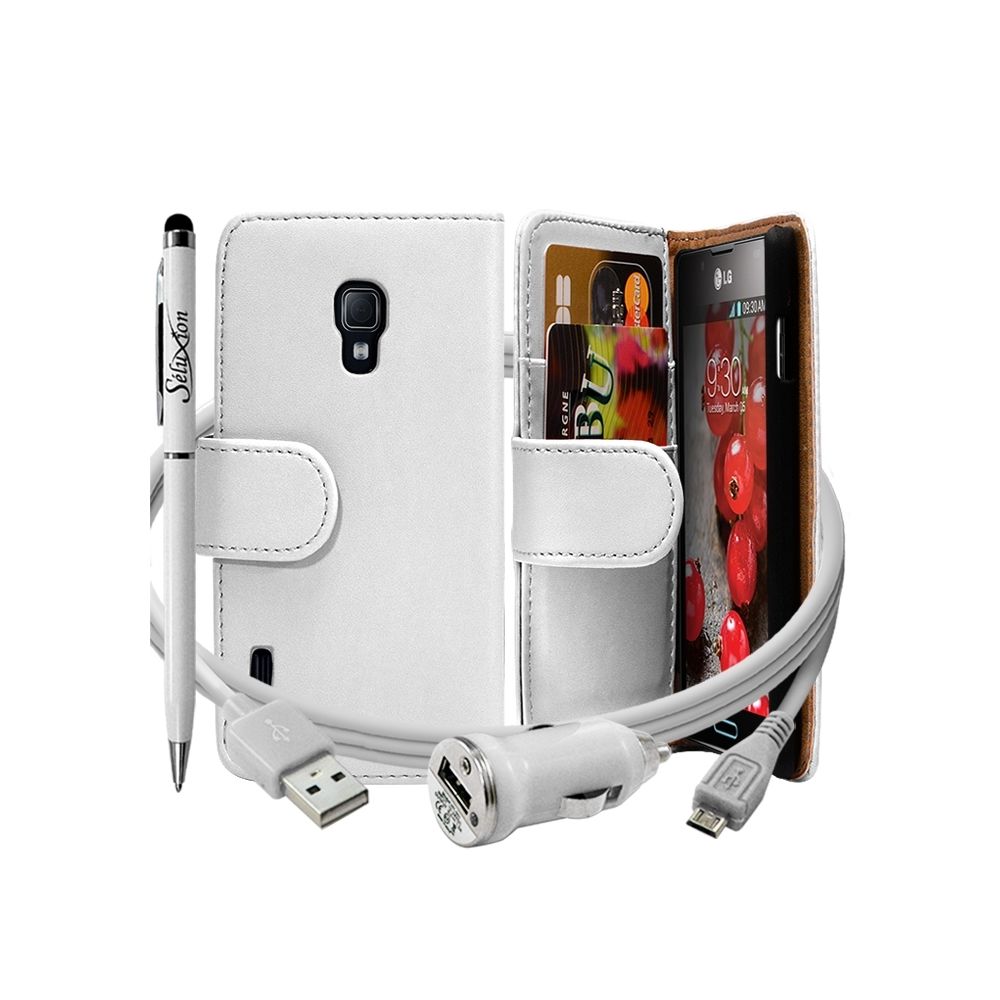 Karylax - Housse coque etui portefeuille blanc pour LG Optimus L7 II + chargeur auto + stylet - Autres accessoires smartphone