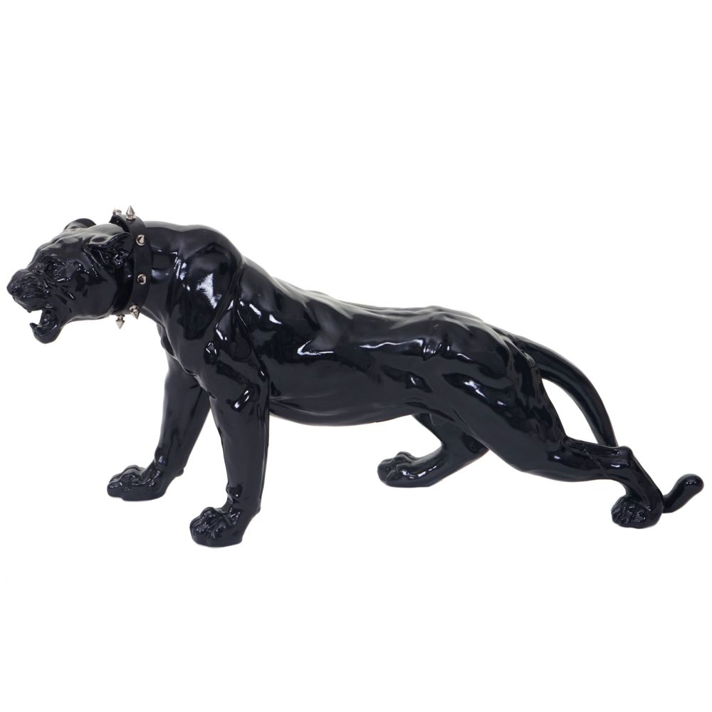 Mendler - Figure de décoration léopard, polyresin, sculpture 59cm, intérieur/plein air ~ noir poli fin avec collier - Petite déco d'exterieur