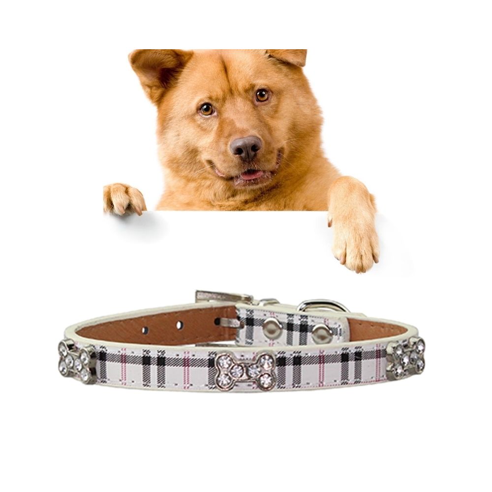 Wewoo - Collier Chien & Chat Beige Cuir PU avec des conceptions d'os Pet Dog Collar Products, Taille: S, 1.5 * 37 cm - Collier pour chat