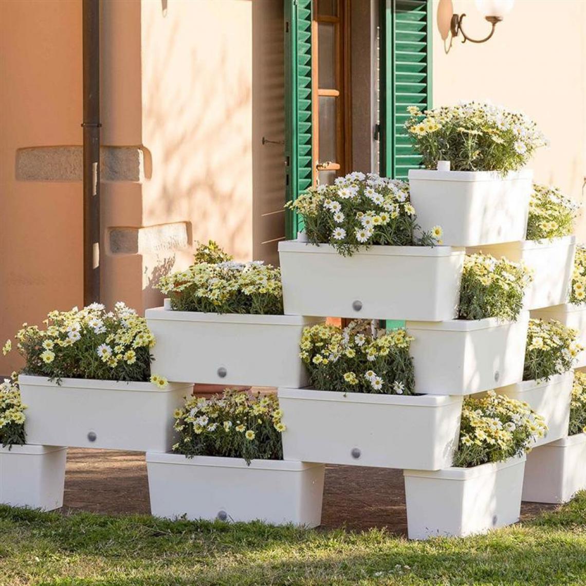 Ac-Deco - Kit 5 jardinières modulables - 59 x 23 cm - Blanc - Poterie, bac à fleurs