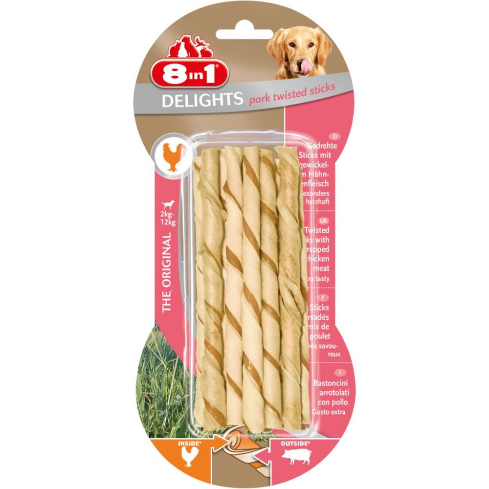8In1 - 10 bâtonnets Twisted Sticks - Viande de Porc - Taille XS - Friandise pour chien