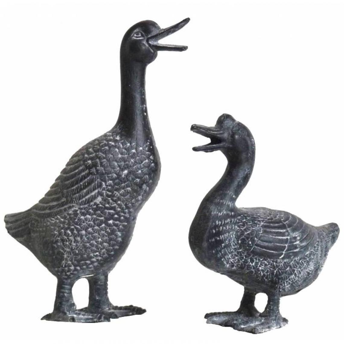 L'Héritier Du Temps - Couple de Canard et Cane Statuette Oiseaux Aquatiques en Fonte Grise - Petite déco d'exterieur