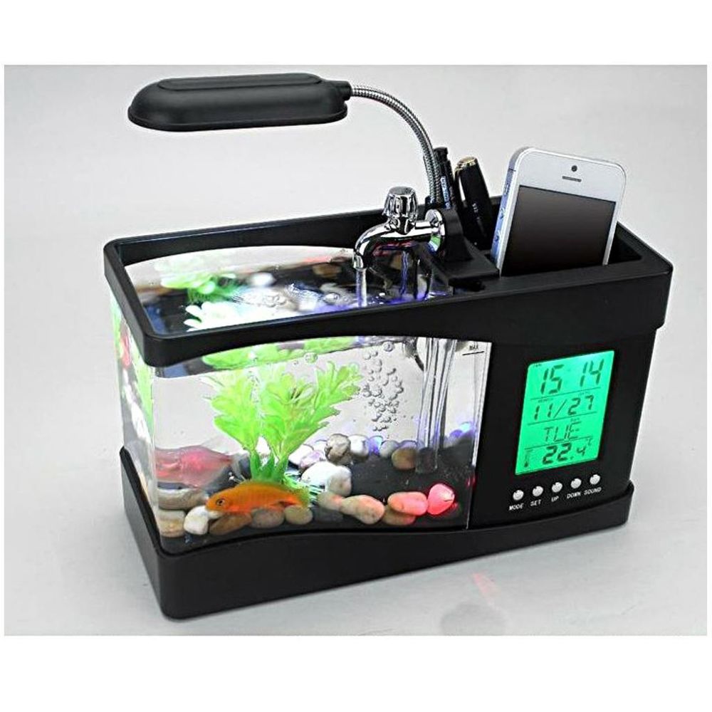 marque generique - Mini USB Desktop Aquarium LCD Display Fish Tank Clock LED Lampe Light Black - Décoration aquarium