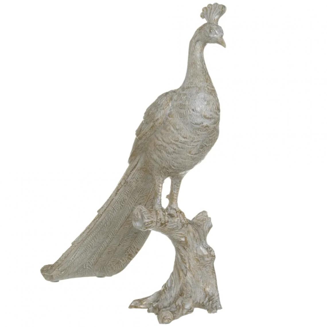 Ixil - Statuette de décoration Paon blanc patiné or et argent - Petite déco d'exterieur