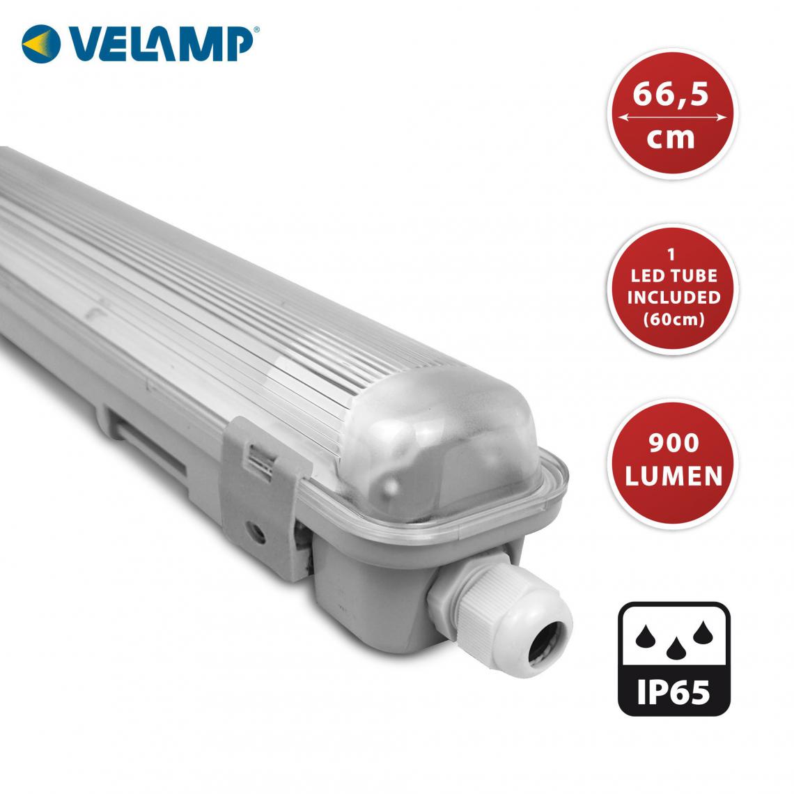 Velamp - Réglette IP65 munie de 1 tube LED de 60cm. 9W, 4000K - Spot, projecteur