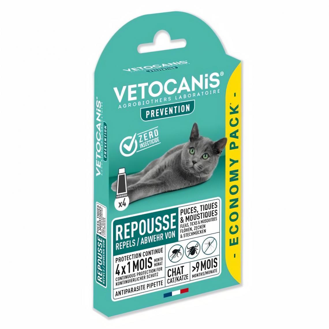Vetocanis - VETOCANIS 4 Pipettes Anti-puces et anti-tiques - Pour Chat - 4x 1 mois de protection - Anti-parasitaire pour chien