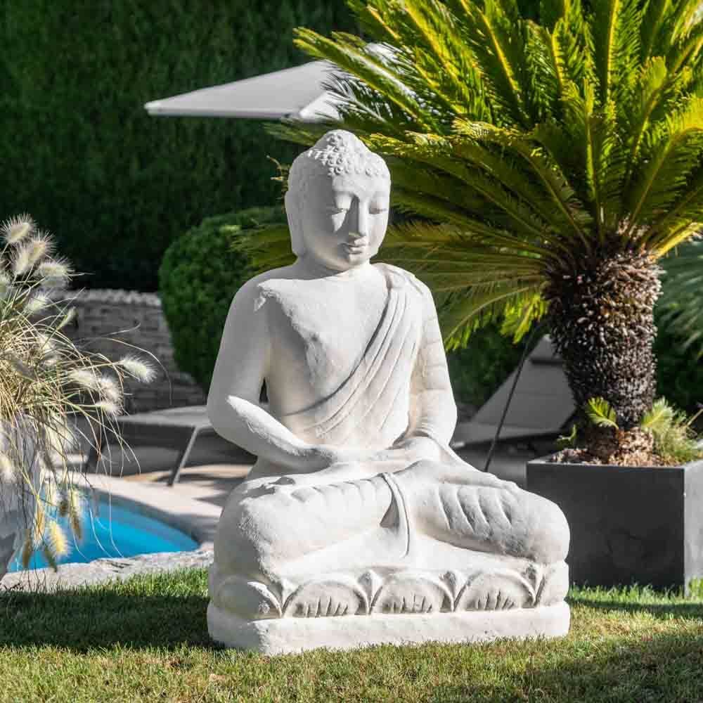 Wanda Collection - Statue jardin Bouddha assis en fibre de verre position offrande 105 cm blanc - Petite déco d'exterieur