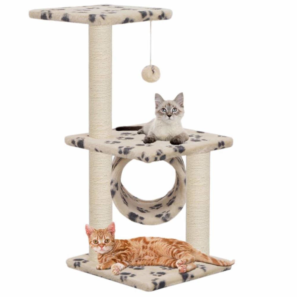 Helloshop26 - Arbre à chat griffoir grattoir niche jouet animaux peluché en sisal 65 cm beige motif pattes 3702152 - Arbre à chat