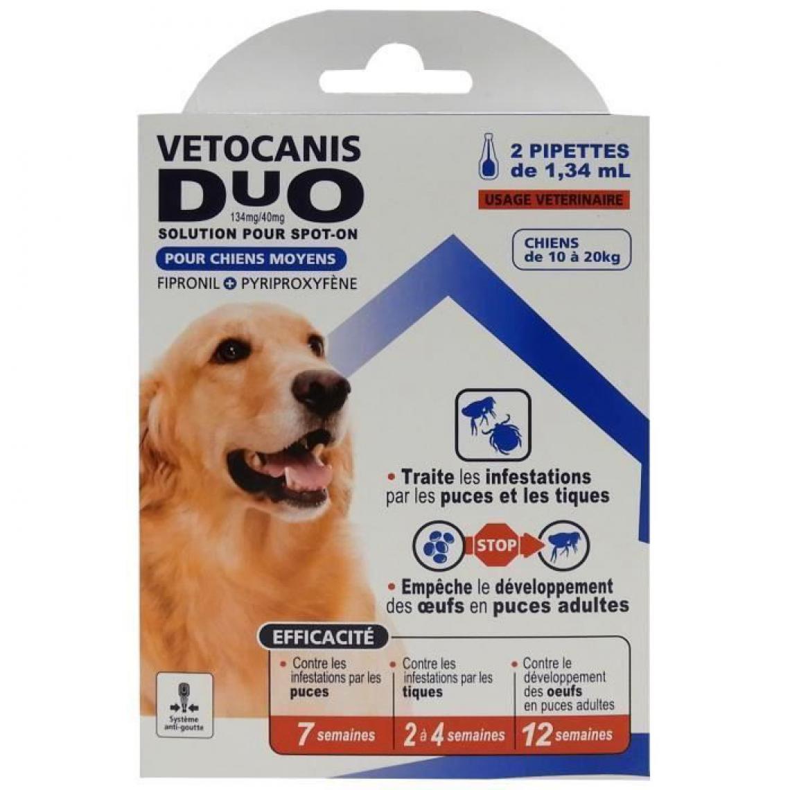 Vetocanis - VETOCANIS Anti-puces et anti-tiques Duo Spot on - 2 pipettes - Efficacite 7 semaines - Pour moyen chien - Anti-parasitaire pour chien