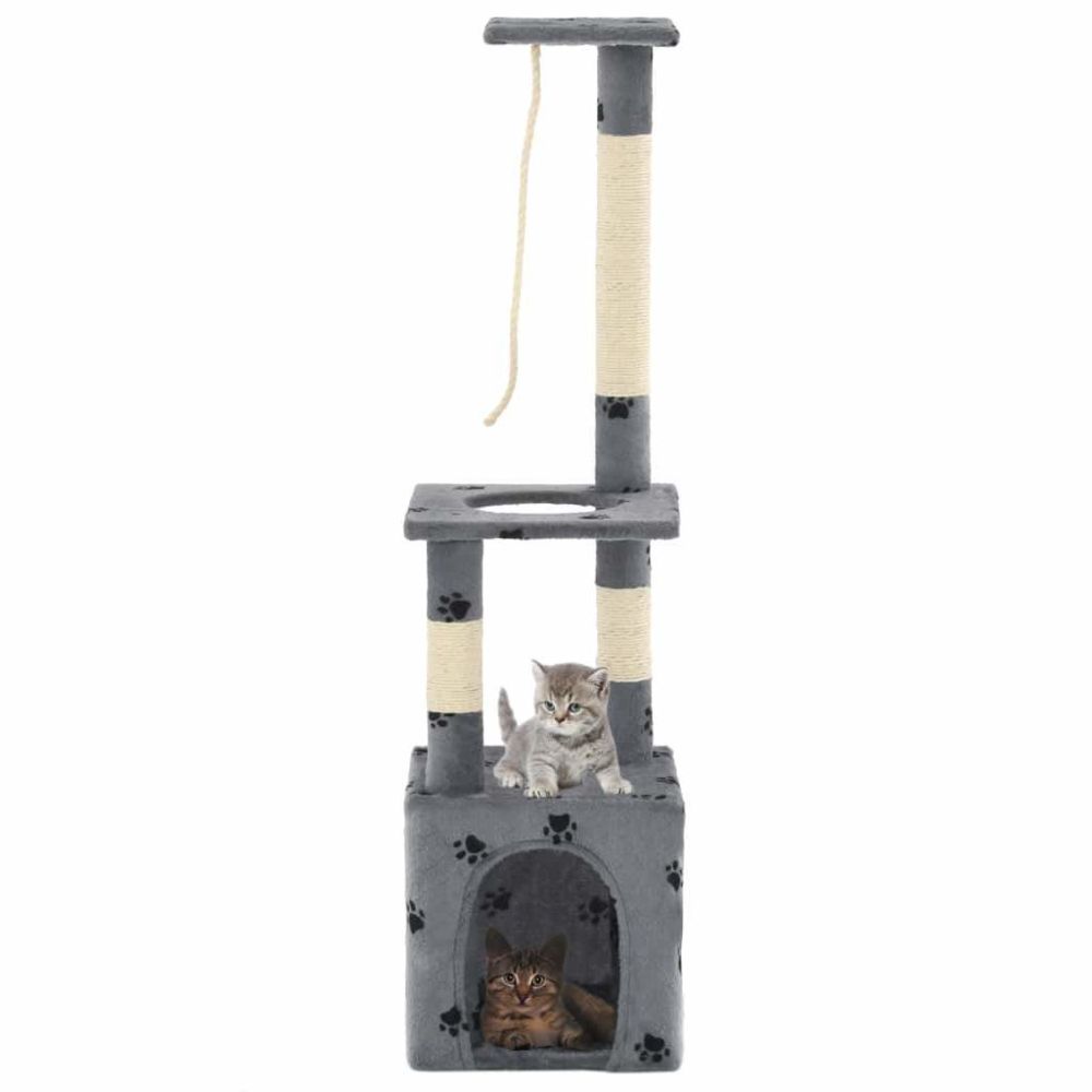 Helloshop26 - Arbre à chat griffoir grattoir niche jouet animaux peluché en sisal 109cm gris motif de pattes 3702205 - Arbre à chat