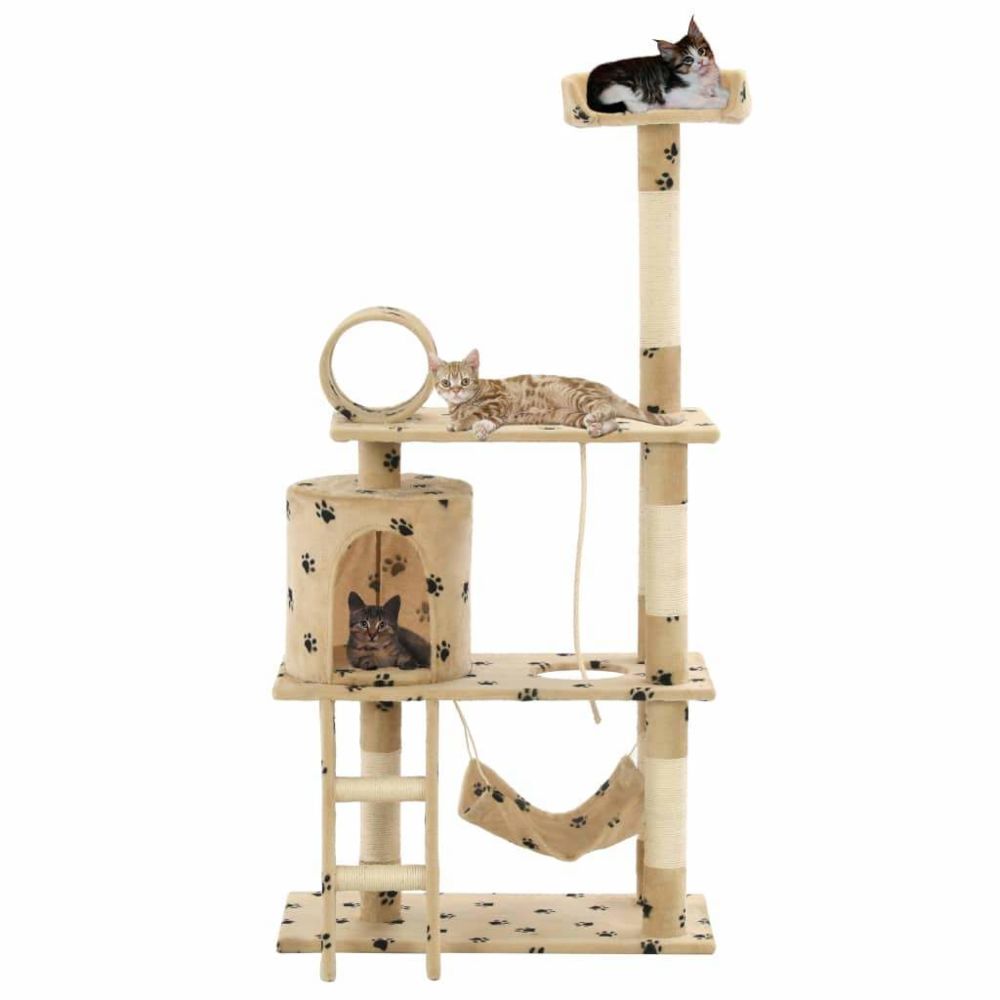 Helloshop26 - Arbre à chat griffoir grattoir niche jouet animaux peluché en sisal 140cm beige motif de pattes 3702105 - Arbre à chat