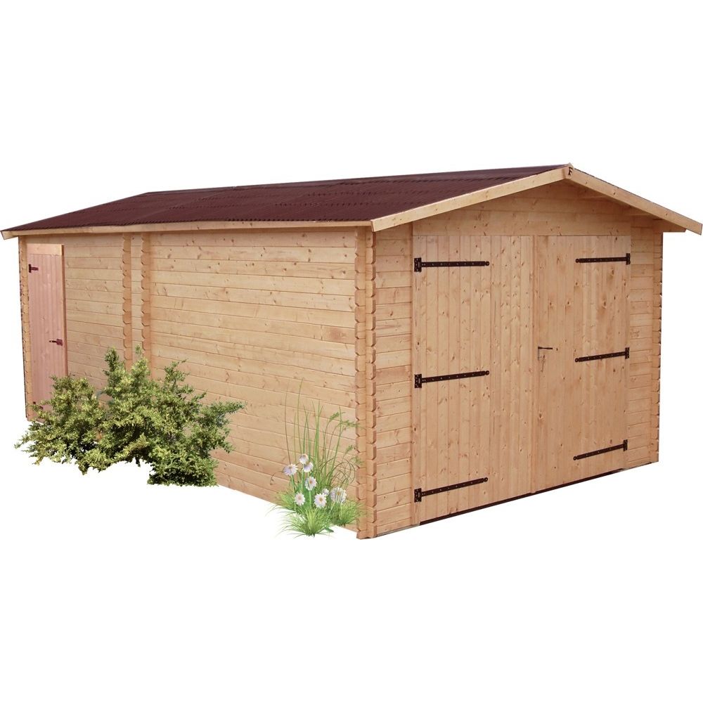Habrita - Garage DENIS madriers Douglas 28 mm sans plancher toit double pente 20,98 m² - Abris de jardin en bois