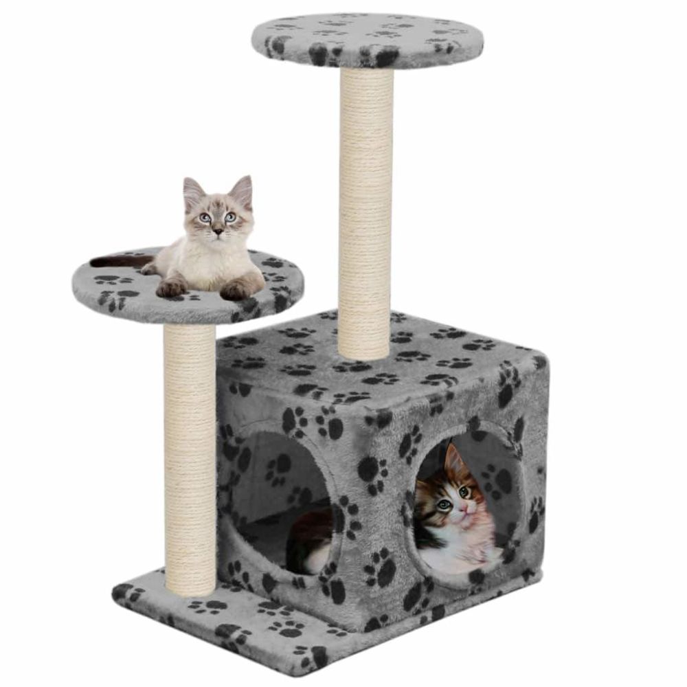 Helloshop26 - Arbre à chat griffoir grattoir niche jouet animaux peluché en sisal 60 cm gris motif de pattes 3702168 - Arbre à chat