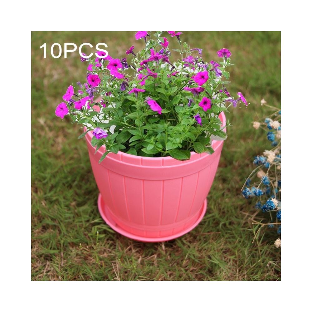 Wewoo - Pot de fleur rose 10 PCS imitation en bois tonneau en plastique de résine avec plateau, diamètre supérieur: 16cm, hauteur: 13,5 cm - Poterie, bac à fleurs