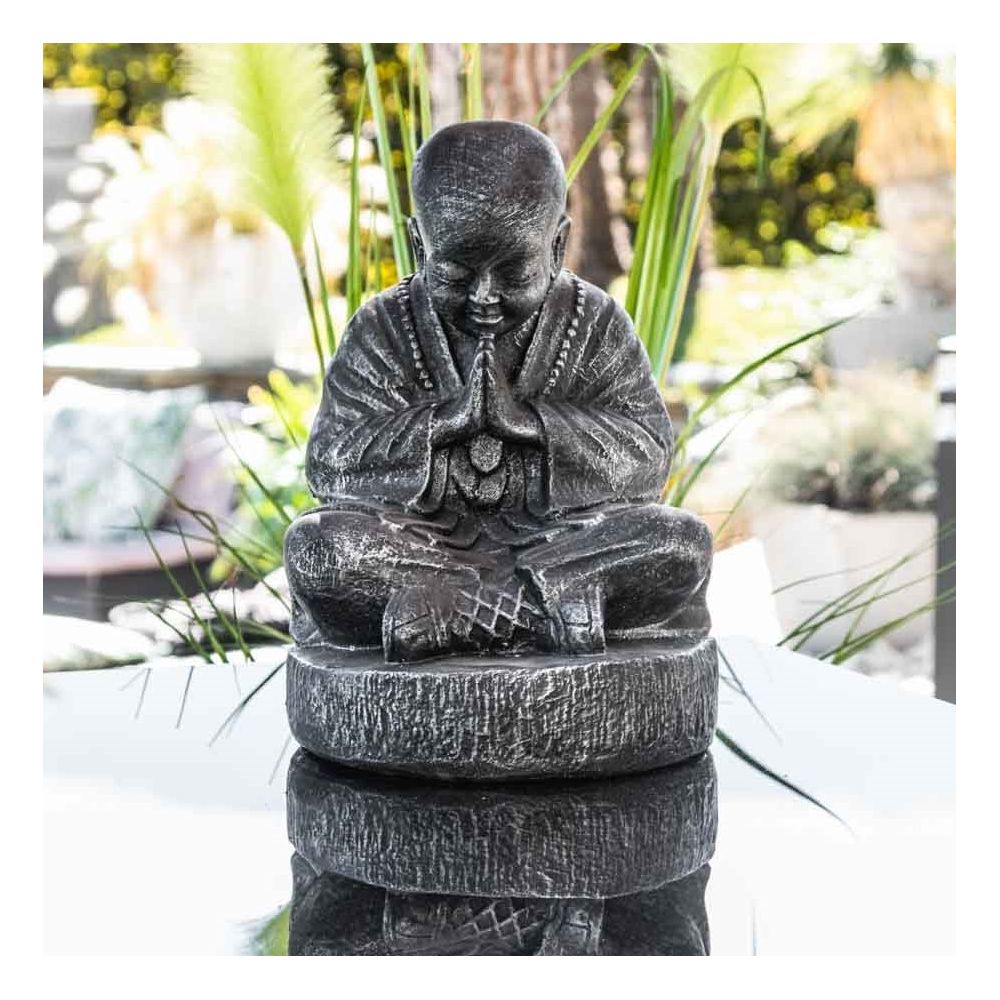 Wanda Collection - Statue moine shaolin assis gris patiné 40 cm - Petite déco d'exterieur